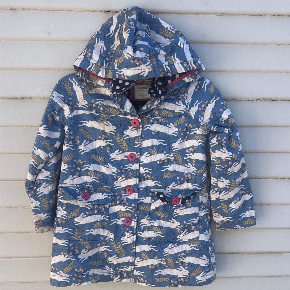 Mini Boden Darling Kids Blue Rabbit Print Hooded Jacket